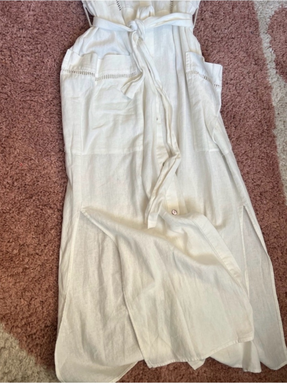 ZARA Linen Blend Lace Insert Belted Button Down Cream Midi Dress Size S - Picture 10 of 10